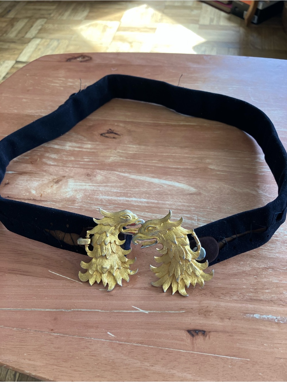 Black Velvet Belt with Gold Dragon Head Buckle